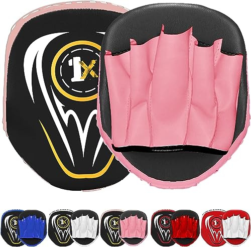 Junior Boxing Focus Pads & Punch Mitts - Straight & Hook Pads for MMA, Kickboxing, Karate, Muay Thai & Taekwondo Training - Punch Gloves for Junior Kids (BLACK/PINK)