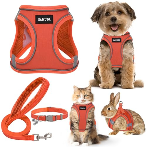 GAMUDA Small Pet Harness Collar and Leash Set, Step in No Chock No Pull Linen Fabric Soft Mesh Dog Vest Harnesses Reflective for Dogs Puppy Cats Kitten Rabbit (Orange, S)