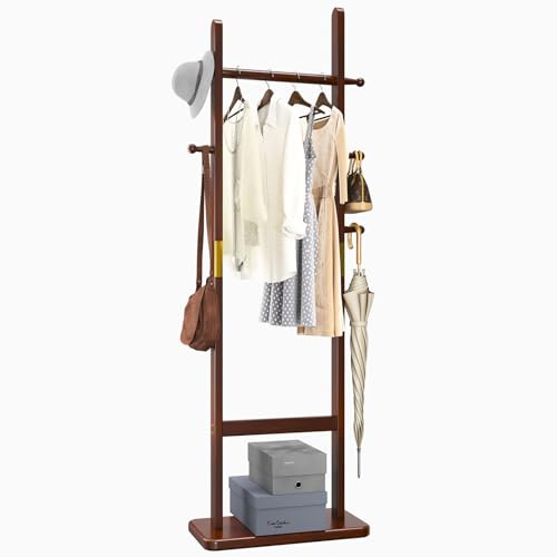 Aibiju Perchero de pie de 180cm con Base Rectangular y 5 Ganchos. Perchero de Madera, Ideal para Bolsos, Ropa y Bufandas en el Dormitorio y la sala de Estar (Marrón), YD-203
