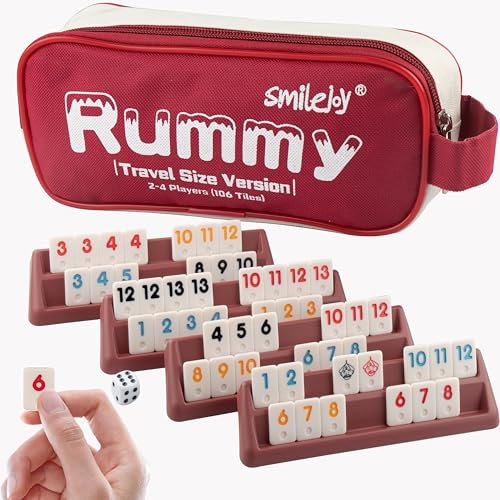 Smilejoy Rummy Travel Pouch- der Spieleklassiker mit Kleiner Tasche für Reisen und zum Mitnehmen -Gesellschaftsspiel für Erwachsene und Kinder ab 6 Jahren - 2 bis 4 Spieler