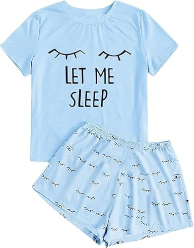 Haloumoning Pigiama estivo da ragazza, set di pantaloncini comodi, a maniche corte, con stampa a cartone animato, maglietta e pantaloni corti, Blu, 12-14 Jahre