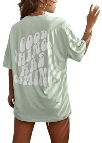 Tomwell T-Shirt Damen Kurzarm Sport Sommer Oberteile Oversize Tshirt mit Buchstaben Muster Lose Rundhals Rückendruck Bluse Teenager Mädchen Tunika Lang Top D Grün M