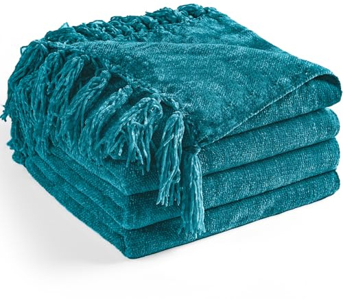 LONG CREATE Chenille filt för soffa 152 cm x 203 cm tvilling, mjuka mysiga överkast med frans tofs för säng soffstol, lätt stickad dekorativ bondgård boho-filtar som gåva, blågrön