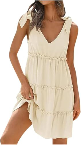 LLECDASEUI Mujer Verano Mini Vestido Babydoll Cuello en V Línea A Vestido Cami Sin mangas Hombros atados Volantes Vestido Swing