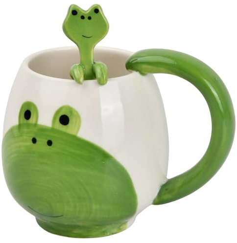 Chstarina Taza de Rana, 400ml Taza de Café de Cerámica, Taza con Cuchara, Taza de Dibujos Animados, Taza Animales 3D, Taza de Té Verde, Regalo Bonitas para Mujeres, Amigos, Niños, Cumpleaños, Navidad