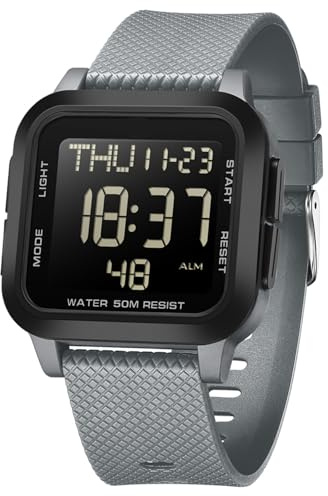 BIEWO Fyrkantig digital klocka för män sport militärklockor för män multifunktion vattentät armbandsur stora siffror urtavla stort ansikte utomhus silikonklocka för pojke student, Svart, grått