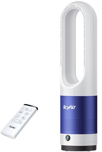 IcyAir Bladeless Tower Fan with Remote, 22 Quiet Tower Fan for Bedroom, 90° Oscillation & 8 Speeds, 35dB, 9H Timer, Baby-Safe, LED Display, Easy-Clean, Portable Standing Fans for Home & Office