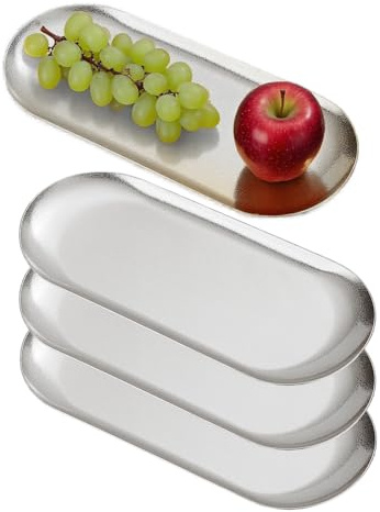 SANQIAHOME 26x11 cm ovale Piattini da antipasto, in acciaio inox Piccoli piatti,Set di 4, argento,Dessert Piatti per Sushi, Frutta forno/Lavabile in lavastoviglie