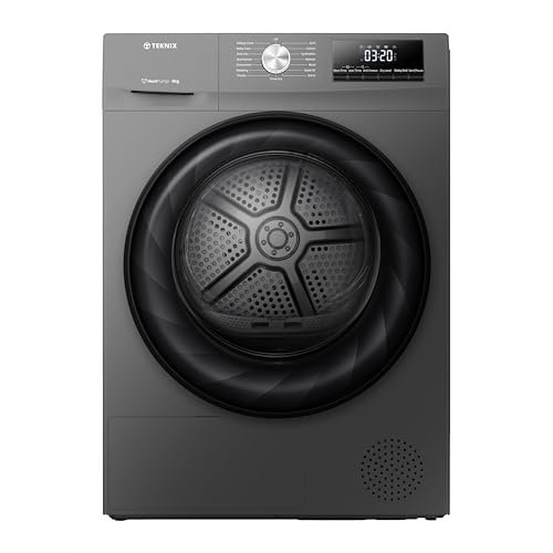 Teknix TKHP8HS 60cm Freestanding 8kg Heatpump Front Load Tumble Dryer - AI Sensor Dry - Allergy Care - Drying Rack - Titanium - D Rated
