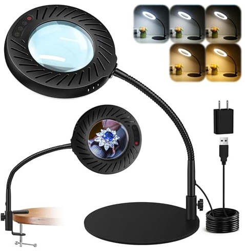12X Magnifying Glass with Light and Stand, 5 Color Modes, 9 Dimmable Levels, Hands Free Flexible Gooseneck Magnifying Lamp, 2-in-1 LED Desk Lamp for Crafts Hobby Jewelry Sewing Reading Close Work