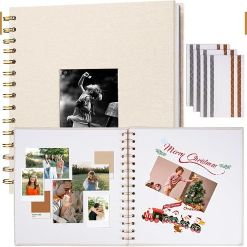 Varenzya Album Photo Scrapbooking avec Couverture en Lin, 20,5 x 20,5 cm | Beige Album Photo Adhesif Vierge, Livre Photo Personnalisable pour Voyage Mariage Bebe Famille Anniversaire (20 Feuilles)