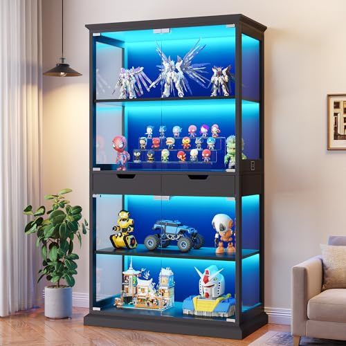 Jocoevol Display Cabinet with Glass Doors, 174cm Tall Curio Cabinet, 4-Tier Glass Display Cabinets with RGB Lights & APP, Sensor, 2 Drawers, Display Case for Living Room, Black
