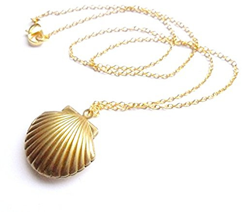 AHIER Sea Shell Locket, Beach Mermaid Valentine Necklace, Gold Tone Brass, Little Shell Locket, Nautical Jewelry(Gold)