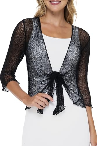 SHU-SHI Womens Sheer Shrug Tie Top Cardigan Lightweight Knit,Black,One Size