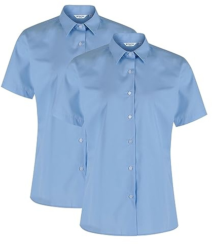 Trutex Girls Blue School Shirts, Multipack – Short Sleeve Regular Fit Revere Collar Cotton-Rich Easy Care School Blouses – Age 15-16 (2 Pack)