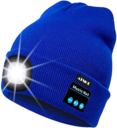 ATNKE LED Luminoso Bluetooth Gorro Sombrero, USB Recargable 4 LED Inalámbrico Musical Gorras Correr Super Brillante Impermeable Luz Invierno Cálido Regalos para Hombre y Mujer/Blue