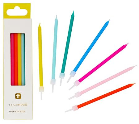 Talking Tables 16 x Colourful Birthday Candles with Holders | Tall Thin Cake Topper Party Decorations in Rainbow Colours, Blue, Yellow, Green, Pink, Red, Orange 10cm