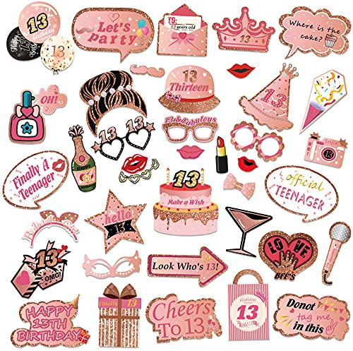 HOWAF 13 cumpleaños Accesorios de la Cabina de Foto, 39pcs 13 años cumpleaños Decoracion DIY Photo Booth Props Accesorios Photocall Atrezzo Favorecer Kits para niñas, Adolescente, Oro Rosa
