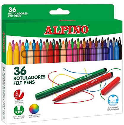Alpino Estuche de 36 Rotuladores, Punta de 3mm, Tinta Lavable, Para Niños, Material Escolar y de Oficina (AR001036N)