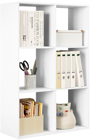 WOLTU Scaffale da Soggiorno a 3 Ripiani, Libreria in Legno Salvaspazio con 6 Cubi Portaoggetti, Mobile Multiuso Moderno Bianco, per Studio, Camera da Letto, Cucina, Ufficio, 71x29x106cm