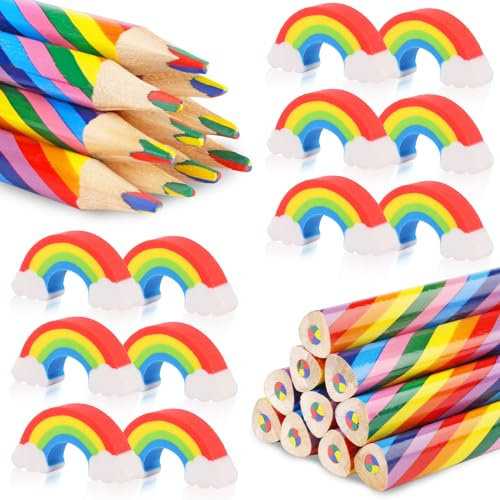 Fzyisw 24 Stück Regenbogen Buntstifte Set, Jumbo Buntstifte Kinder 12 Regenbogenstift mit 12 Regenbogen Radiergummis, Regenbogenstifte für Malen und Zeichnen, Geschenk für Kinder