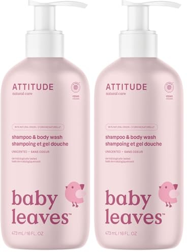 ATTITUDE Champú y Gel de Baño 2 en 1 para Bebés, Fórmula Suave, a base de Plantas y Minerales, Verificado por EWG, Productos Veganos para Bebés, Sin Perfume, 473 mL (Paquete de 2)
