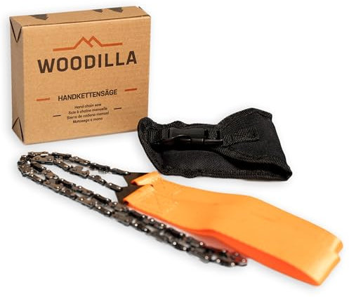 Sierra de cadena manual de Woodilla - dientes de sierra de acero al carbono, sierra de poda de supervivencia con dos extremos de mango, incl. funda de cinturón, sierra de poda de acero inoxidable