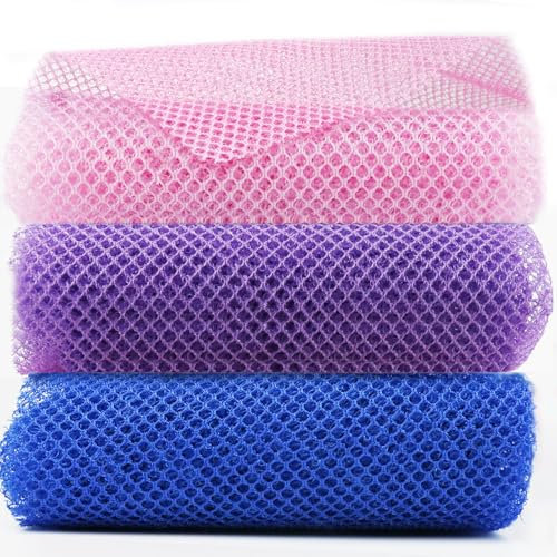 3 Pcs African Net Sponge, Exfoliating African Wash Net Cloth Bath Sponges, 80x30cm Long African Shower Sponge Body Sponge Exfoliating Sponge for Men and Women Deep Cleaning(Pink Blue Purple)