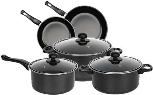 Gr8 Home Black 8 Piece Carbon Steel Non Stick Kitchen Cookware Set Casserole Cooking Pot Frying Pan Saucepan with Glass Lids