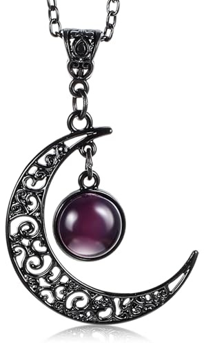 Telooco Collier Punk Gothique Pendentif Lune Violette Rétro Noir Cristal Bijoux Sorcière pour Noël Halloween