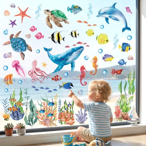 DECOWALL Under The Sea Ocean Animal Window Clings Double-Sided (CDS9-9004) | Whale, dolphin, turtles and tropical fish; reusable non-adhesive static clings with no glue, removable and repositionable