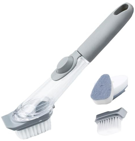 GZDAOXIA Spülbürste mit Spülmittelspender, Geschirrbürste mit 3 Bürstenköpfen, Multifunktionale Küchenbürste für Geschirr, Abwaschbürste Grau, für Topf, Pfanne, Spüle Reinigung