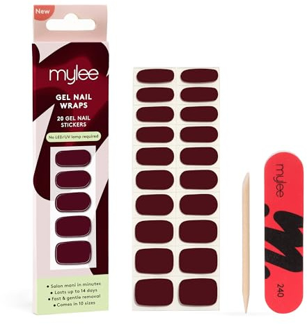 Mylee Gel Nail Wraps [Diva] – Solid Colour Range – 20 Pre-Cured Gel Stickers for Instant Mani – No Lamp Needed, Chip-Resistant, Glossy Finish, Lasts Up to 14 Days – Vegan & Cruelty-Free