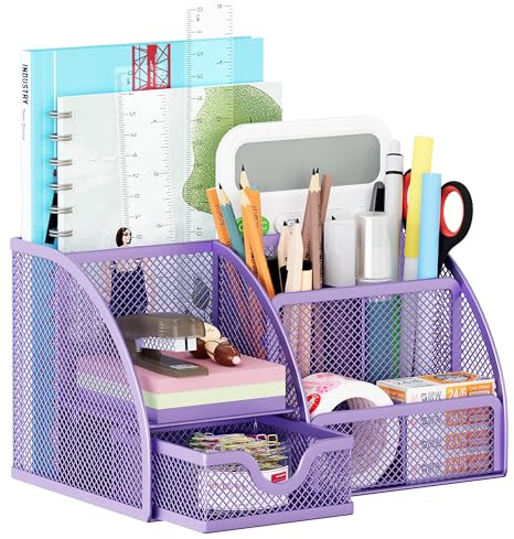 Solinxe 6 Scomparti Organizer Scrivania con Cassetti, Metallo Portapenne da Scrivania, Multifunzionale Organizzatore Scrivaniai di Cancelleria Ufficio, Organizer Trucchi, Cose per la Scuola (Viola)