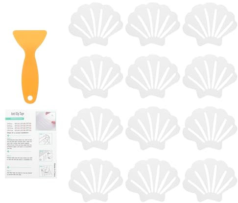 sourcing map 12Pcs Non-Slip Bathtub Stickers, 9x7 cm Shell Shape Shower Floor Non Slip Stickers with Scraper for Bathroom Shower Stairs Ladders, Clear