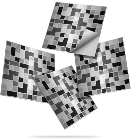 20pcs Metallic Mosaic Tile Stickers, Kitchen Bathroom Wall Stick on Tiles Self Adhesive Vinyl Waterproof Backsplash Peel and Stick Tile Covers Decals (15cm x 15cm, 6x6 inches) Silver Black Grey
