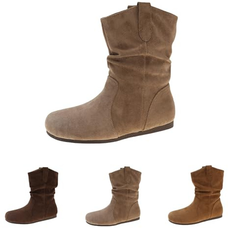 Bottes plates en daim pour femme - Bottines pour femme - Automne - Sans talon - Bottes d'hiver courtes - Bottes de cowboy - Bout rond - Bottes à enfiler - Bottes douces et confortables - Bottes