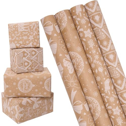 Rouleau de papier cadeau kraft de Noël : 4 rouleaux de papier cadeau recyclable, motifs festifs pour Noël, Thanksgiving et les anniversaires - 43 cm x 3 m