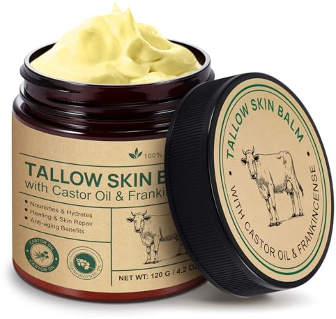 Beef Tallow Balm with Frankincense and Castor Oil, 4.2 Fl Oz Beef Tallow Skin Care Cream Moisturizer Face & Body, Deeply Hydrating Dry Skin