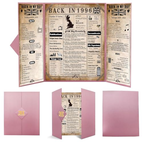 back in 1996 30th Birthday Gifts for Women, Pink Tri-Fold Card Poster | 30th Birthday Decorations card with 1996 UK facts, pink thick cardstock design,Poster Gift Ideas for Daughter, Sister,Friend