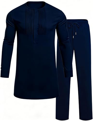 OYOZONE Mens 2 Piece Outfits Kurta Set African Attire Clergy Robe Lounge Sets for Men Navy Blue