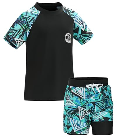 KAKU NANU Badset för pojkar (104–164 cm) 2-delad kortärmad Rashguard-skjorta med dubbla lager badshorts solskydd simkläder för barn, blå