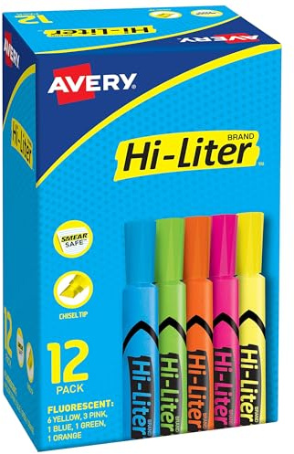 Avery Hi-Liter Desk-Style Highlighters, Smear Safe Ink, Chisel Tip is great for sketch book art, 12 Assorted Colors (98034)