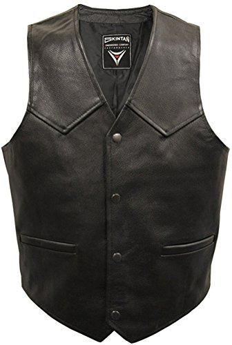 Skintan Mens Real Genuine Leather Full Grain Cowhide Plain Motorcycle Biker Waistcoat Classic Custom Cruiser Motorbike Jacket Vest in Black Size 2XL 46 Extra Large