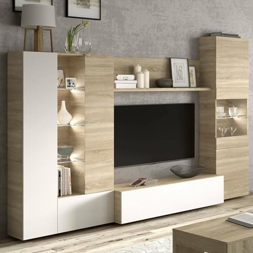 Dmora - Parete attrezzata Raleigh, Mobile da soggiorno porta TV modulare, Composizione salotto con pensili e vetrine e luce led, 260x42h185 cm, Rovere e Bianco