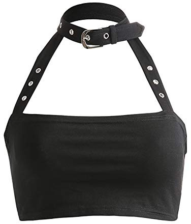 Algodón Punk de Halloween Gargantilla Atado al Cuello Mujeres sin Respaldo Hebilla Top Ropa Camisola Tapas Atractivas Recortada gótica (Tamaño S)