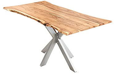 SAM Esszimmertisch 120x80cm Lyon, echte Baumkante, Akazienholz naturfarben, massiver Baumkantentisch mit Spider-Gestell Silber, Esstisch im Industrial-Design