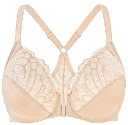 MELENECA Women's Front Fastening Racerback Plus Size Stretch Lace Underwire Unlined Bras