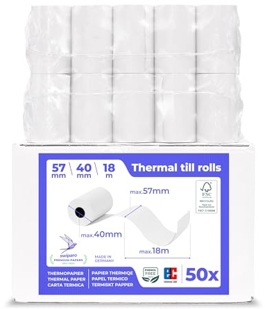 SWIPARO EC kontantrullar termopapper 57 mm x 40 mm x 12 mm – kvittorullar 57 x 40 x 12 för EC & kreditkortläsare – termopappersrullar med SEPA-lasttext – för system upp till 18 m pappersbehov (50 st)