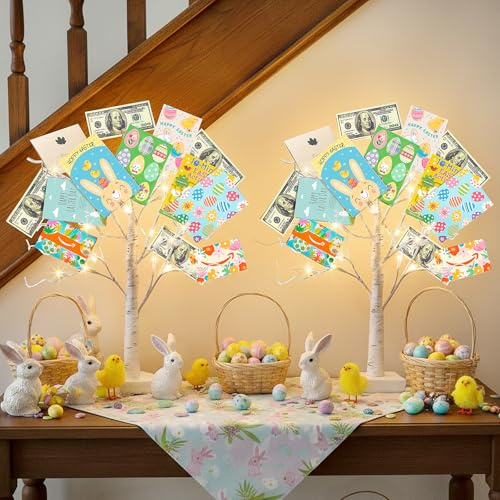 PABIPABI Money Tree Gift Holder, Set of 2 Birch Tree with 24 Clear Clips, Battery/USB Powered Timer Tabletop Trees for Home Party, Christmas, Wedding, Birthday Graduation (Warm White)